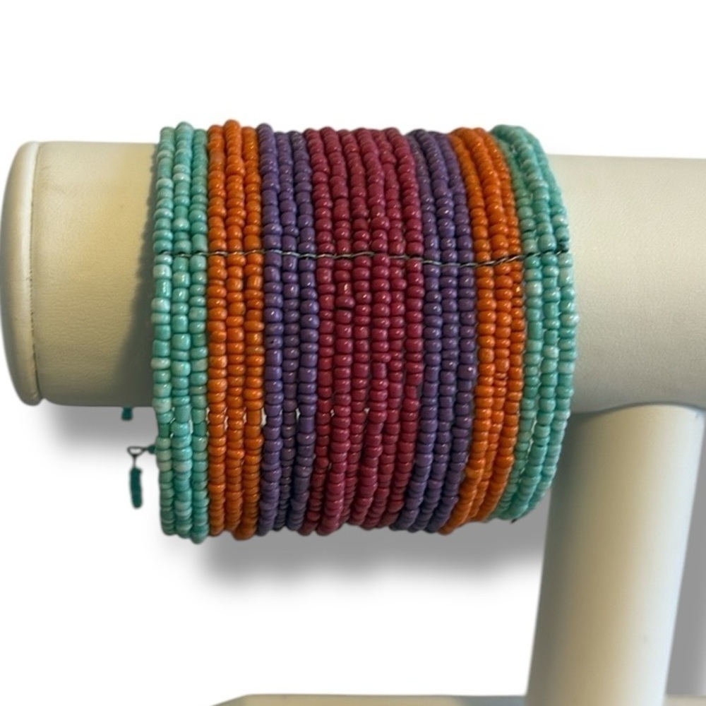 Beaded Cuff Bracelet Memory Wire Multi Strand Multicolored 2.5”W